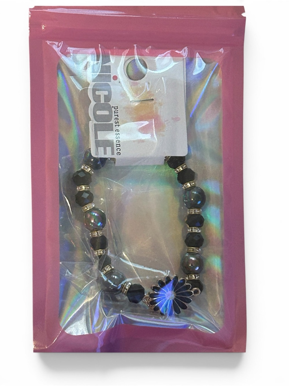 Nicole Black and Iridescent Bead Bracelet with Floral Accent